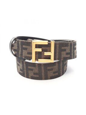 Fendi Belt FF Logo Buckle Gold Reversible Black Brown Canvas Leather